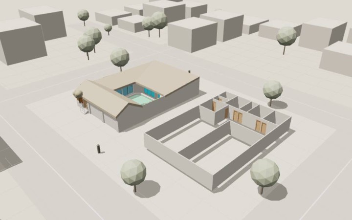 Casa habitación de una planta con patio y alberca, junto a la obra negra de la ampliación